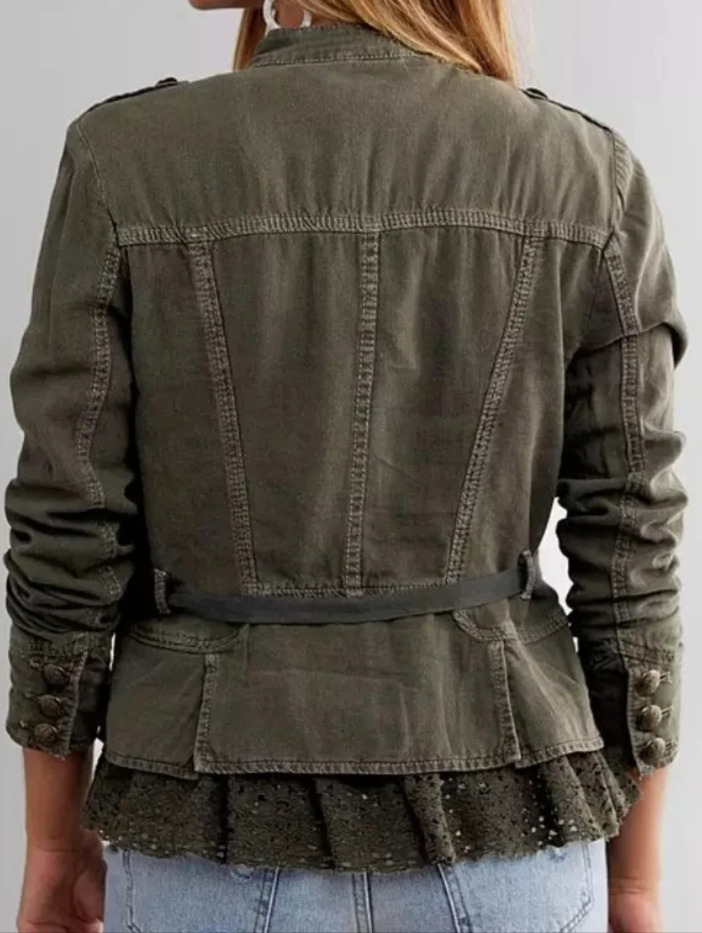 Free People• Emilia Military Utility Jacket with Lace Hem In Bitter Olive.Sz XS - Picture 4 of 16